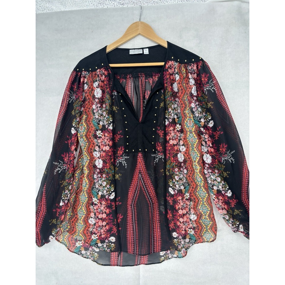 Bijou Bijou Sheer Floral Print Blouse Womens Medium Boho Peasant Top Cover Up
